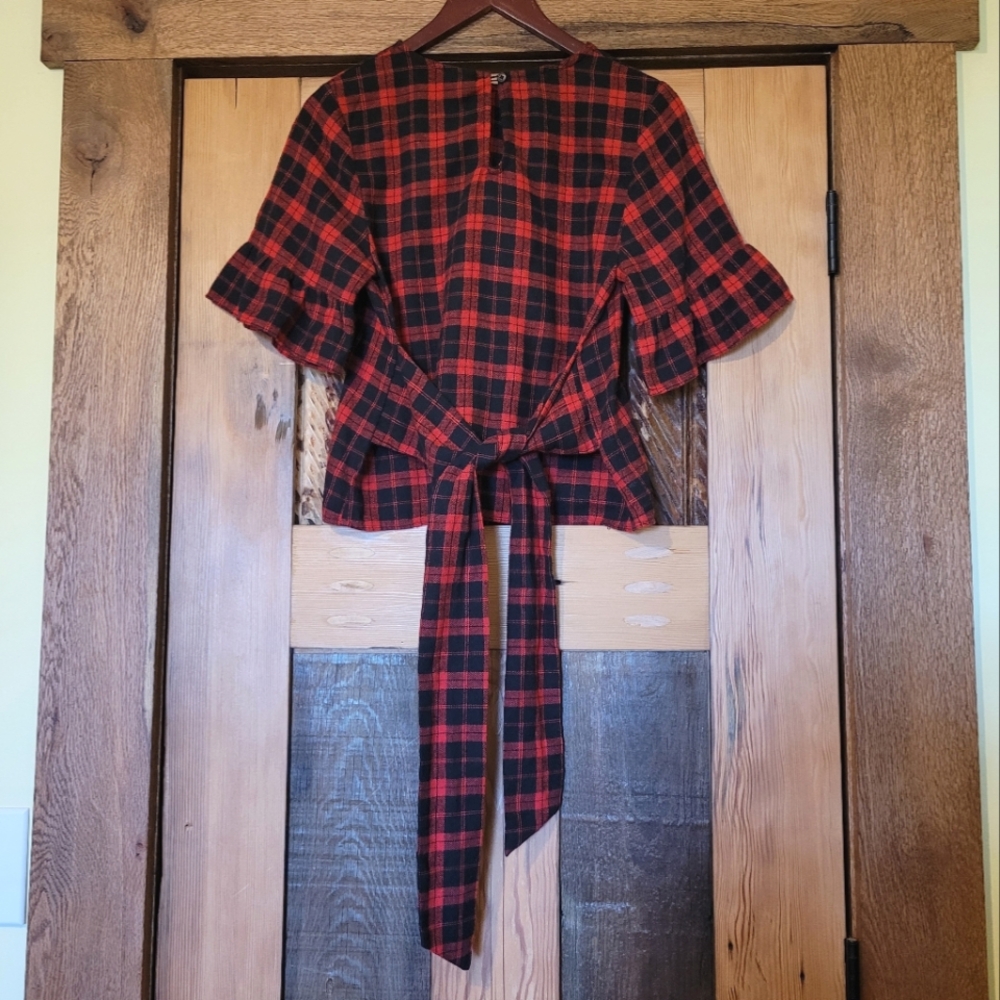 Good Luck Gem Red Black Plaid Winter Bow Tie Blouse Shirt Ruffle Sleeve - S/M